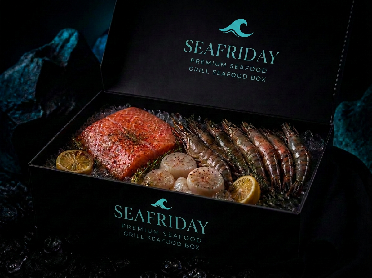 Grill Seafood Box mit Lachs, Garnelen, Jakobsmuscheln, Zitronen und Kräutern