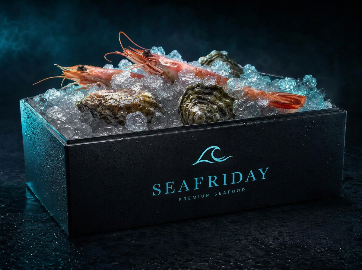 Schwarze SEAFRIDAY Box gefüllt mit Crushed Ice, Austern und Garnelen