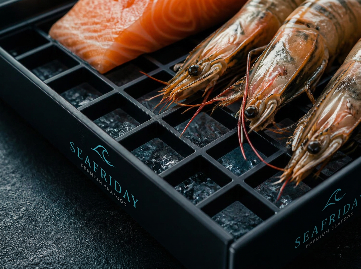 Nahaufnahme des schwarzen Gittereinsatzes mit Lachs und Garnelen über dem Crushed Ice