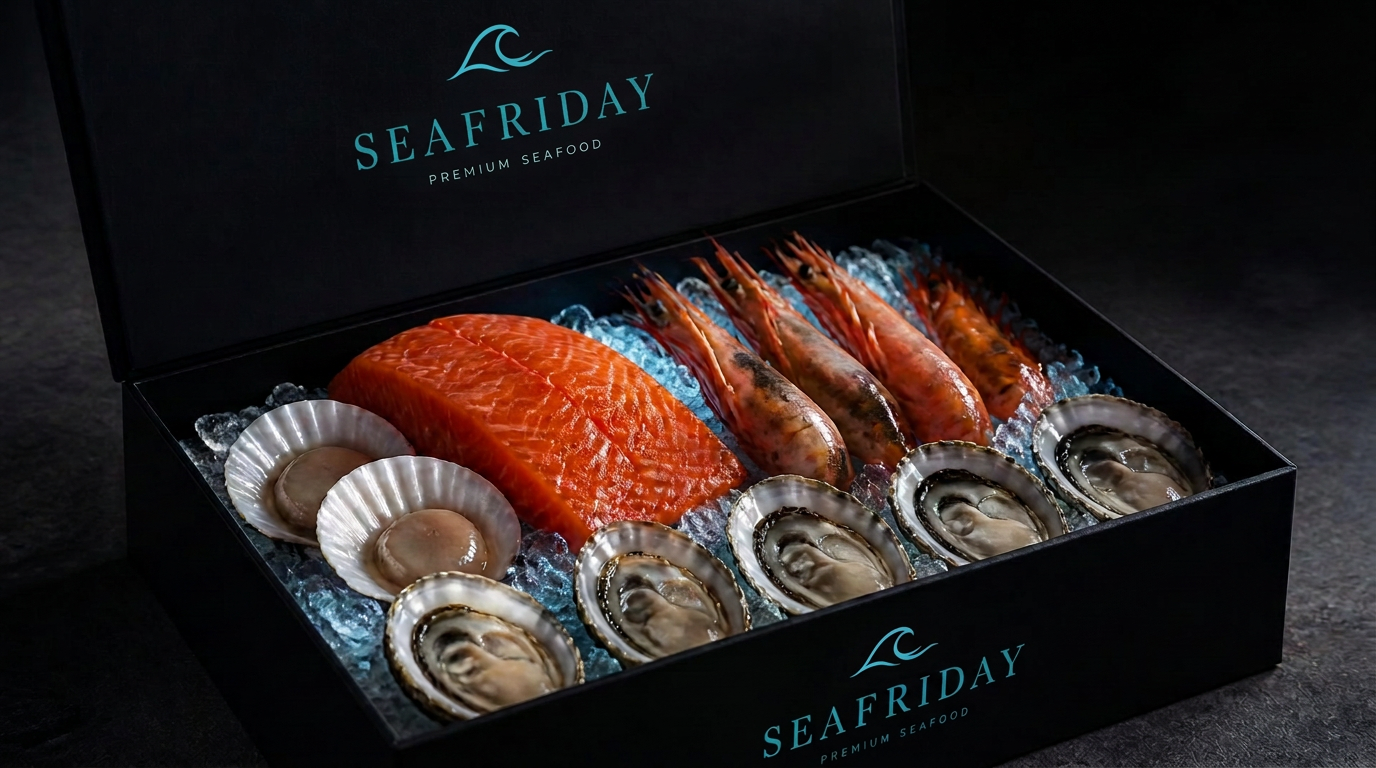 Geöffnete schwarze SEAFRIDAY Premium-Box mit Lachs, Garnelen und Austern auf Crushed Ice