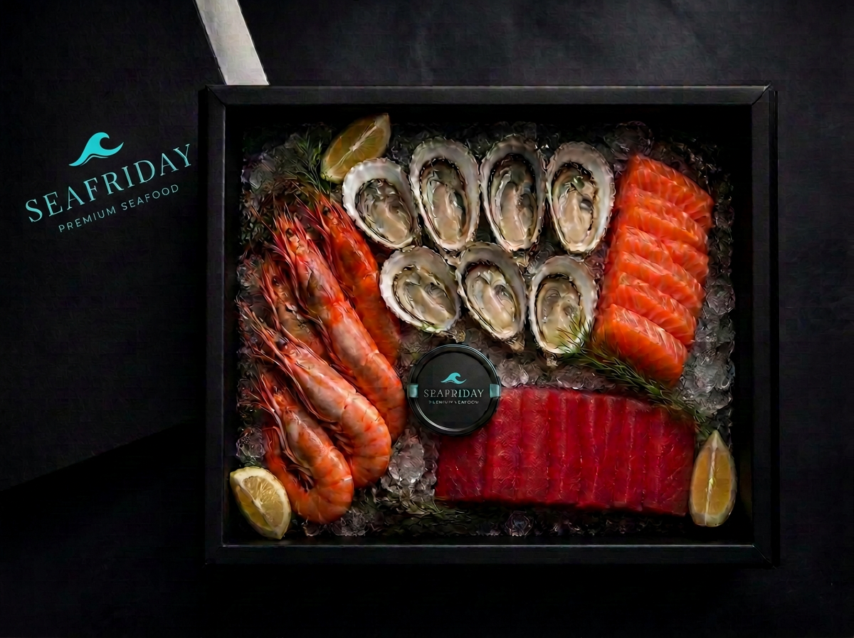 Geöffnete SEAFRIDAY Premium-Box mit Seafood auf Crushed Ice